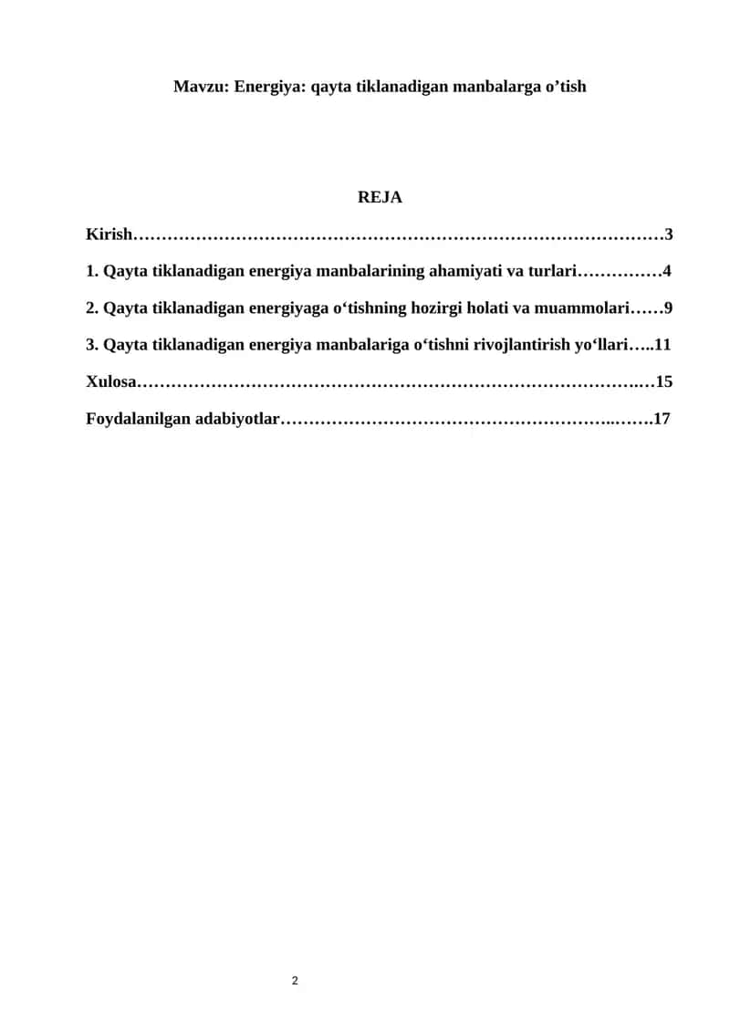 Energiya: qayta tiklanadigan manbalarga o’tish 1