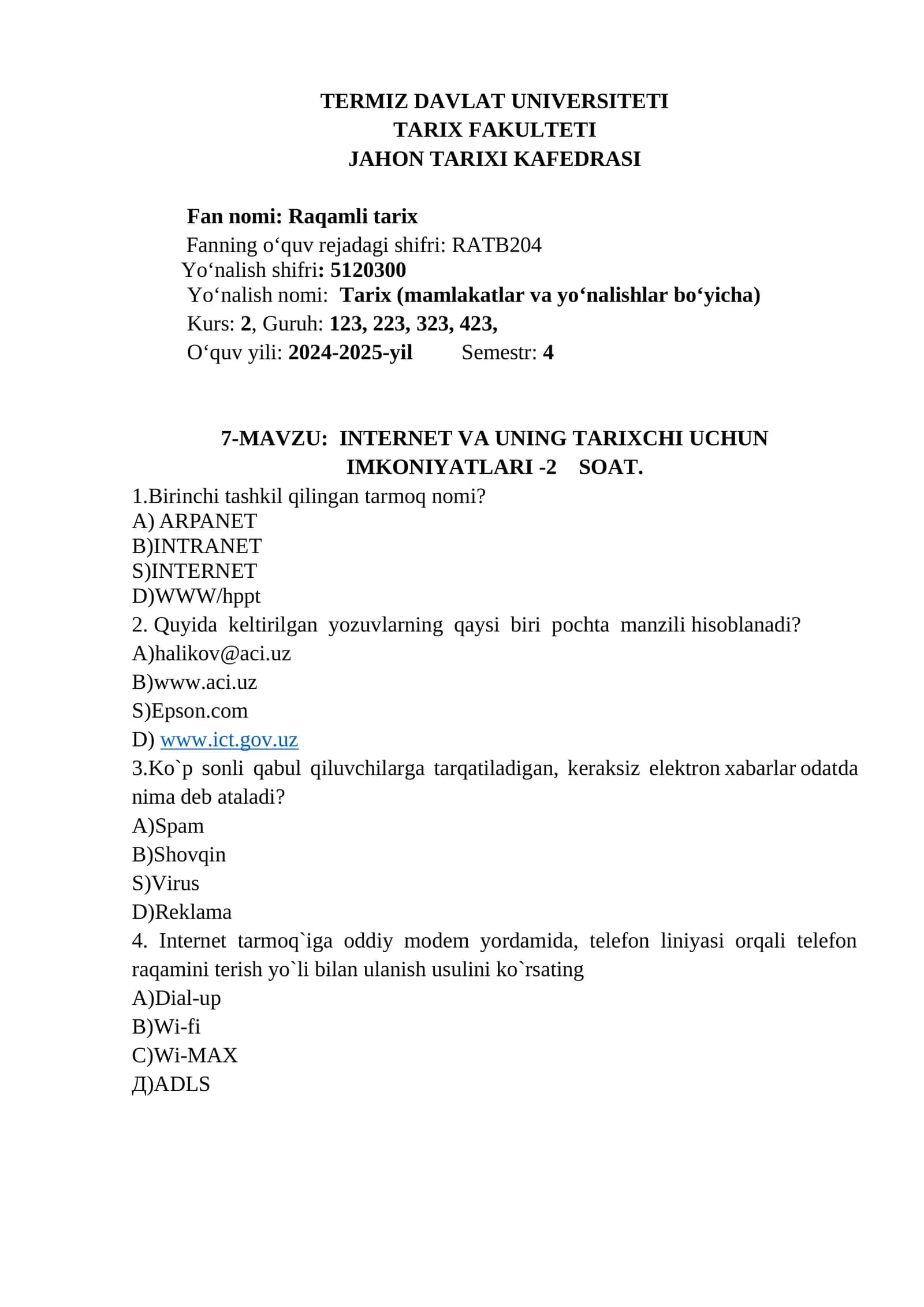 INTERNET VA UNING TARIXCHI UCHUN IMKONIYATLARI -2 SOAT 1