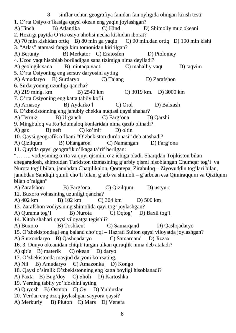 Geografiya fanidan kirish testi 1