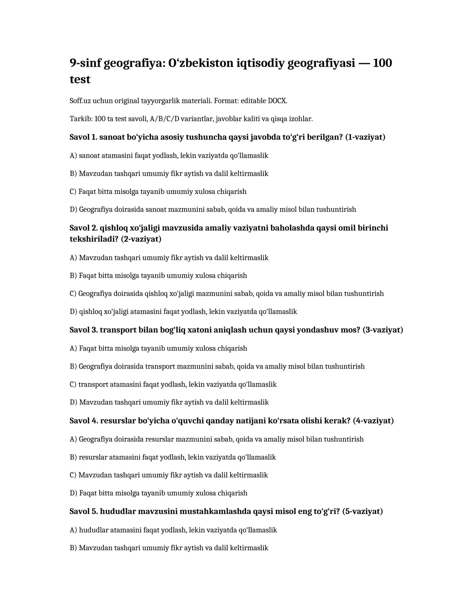 O‘zbekiston iqtisodiy geografiyasi — 100 test 1