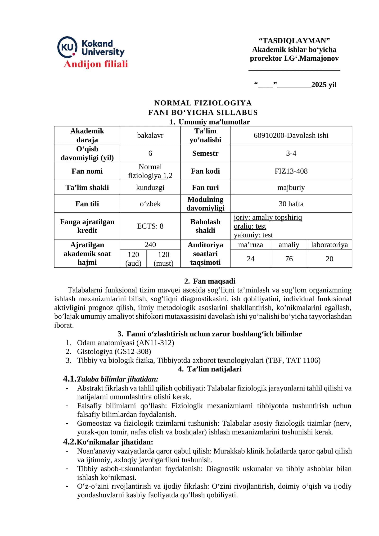 NORMAL FIZIOLOGIYA FANI BO‘YICHA SILLABUS 1
