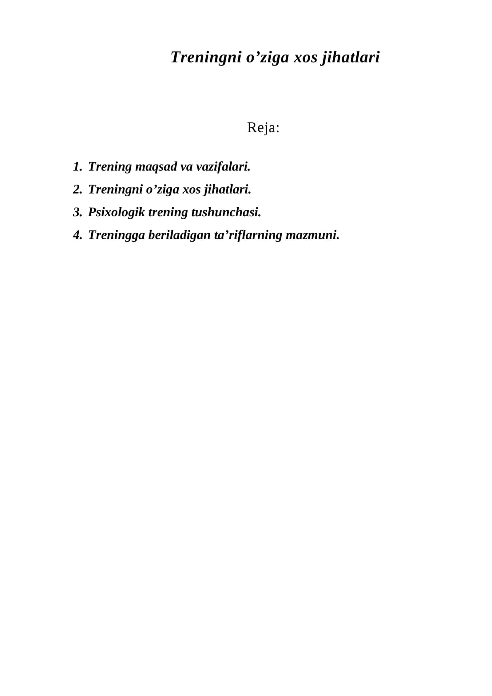 Trening maqsad va vazifalari 1