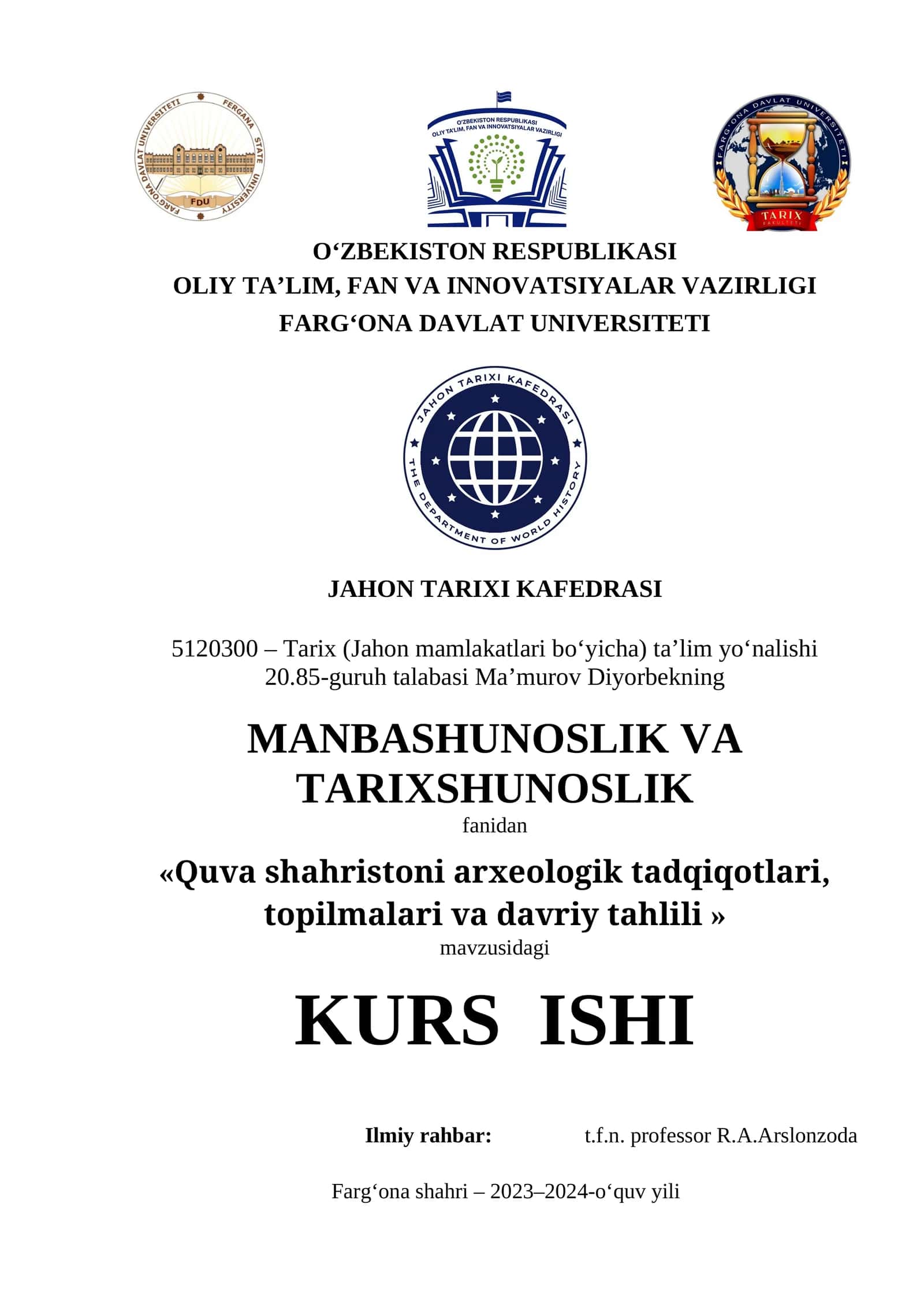 Quva shahristoni arxeologik tadqiqotlari, topilmalari va davriy tahlili 1
