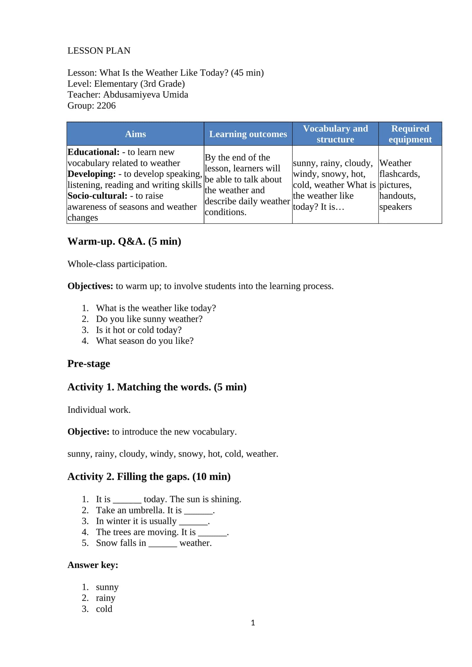 Lesson Plan: What Is the Weather Like Today? (Elementary) 1