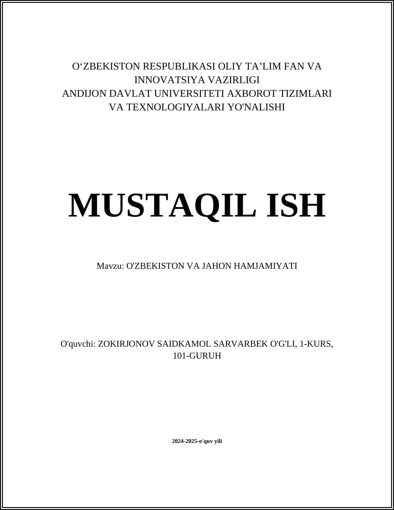O'ZBEKISTON VA JAHON HAMJAMIYATI 1