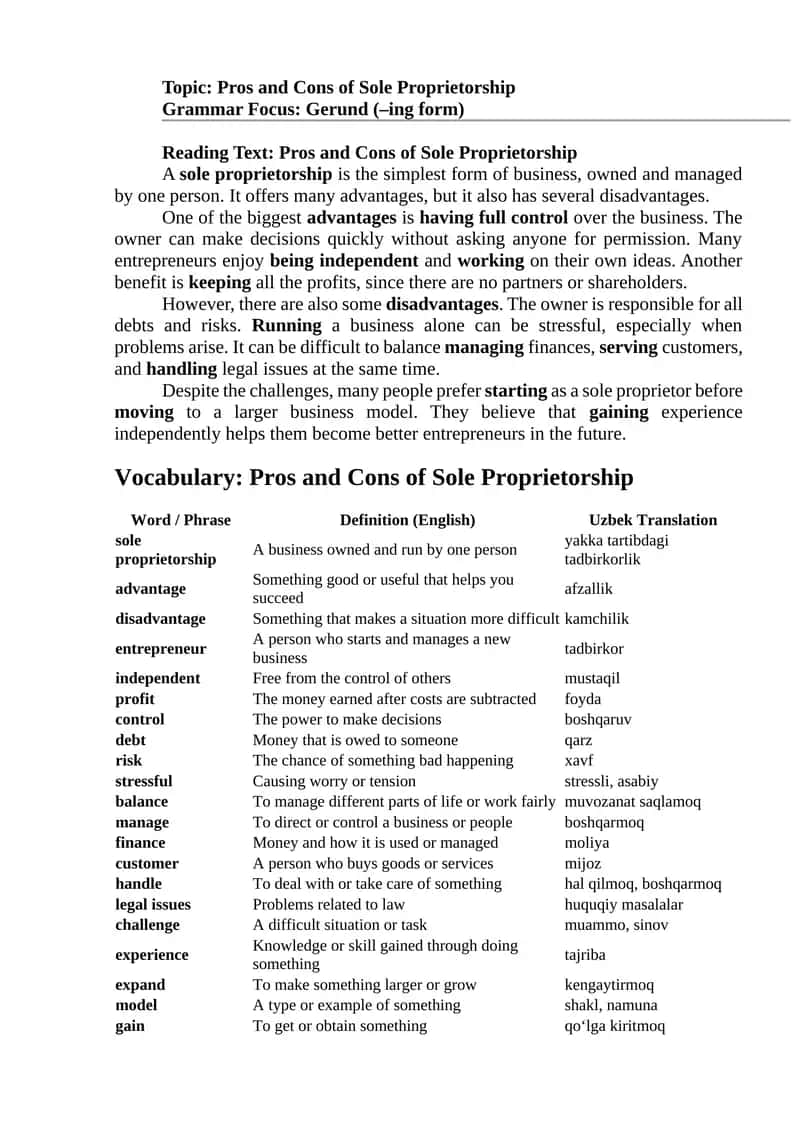 Pros and Cons of Sole Proprietorship 1