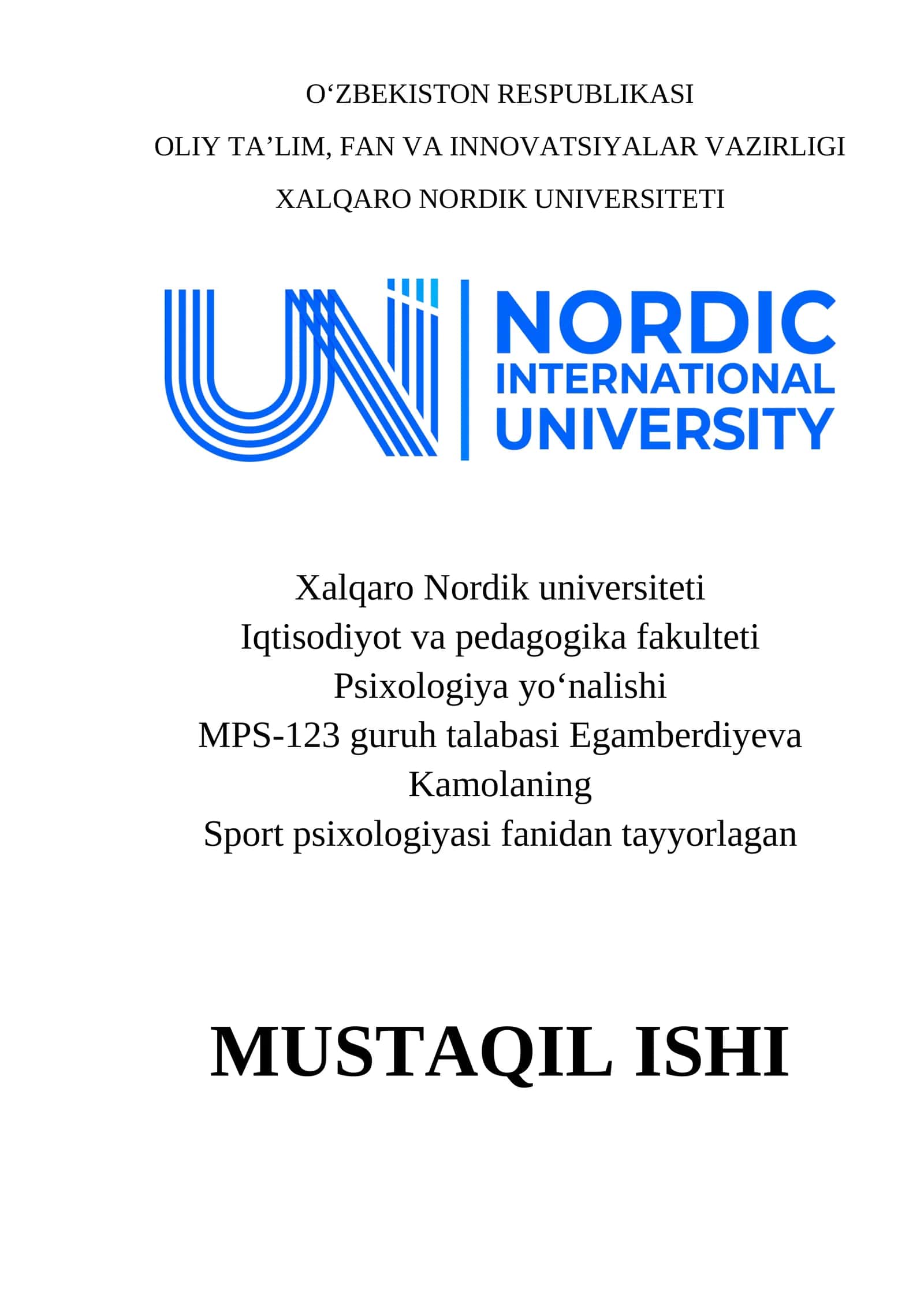 Sport psixologiyasi fanidan tayyorlagan MUSTAQIL ISHI 1