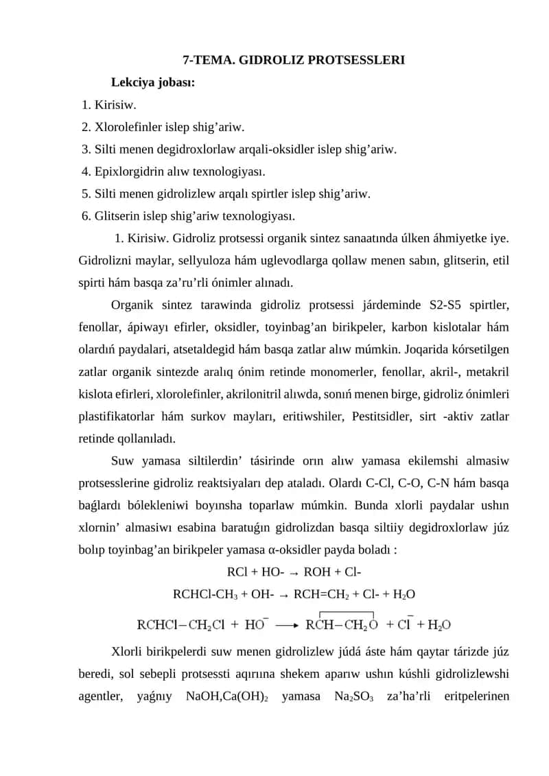 GIDROLIZ PROTSESSLERI 1