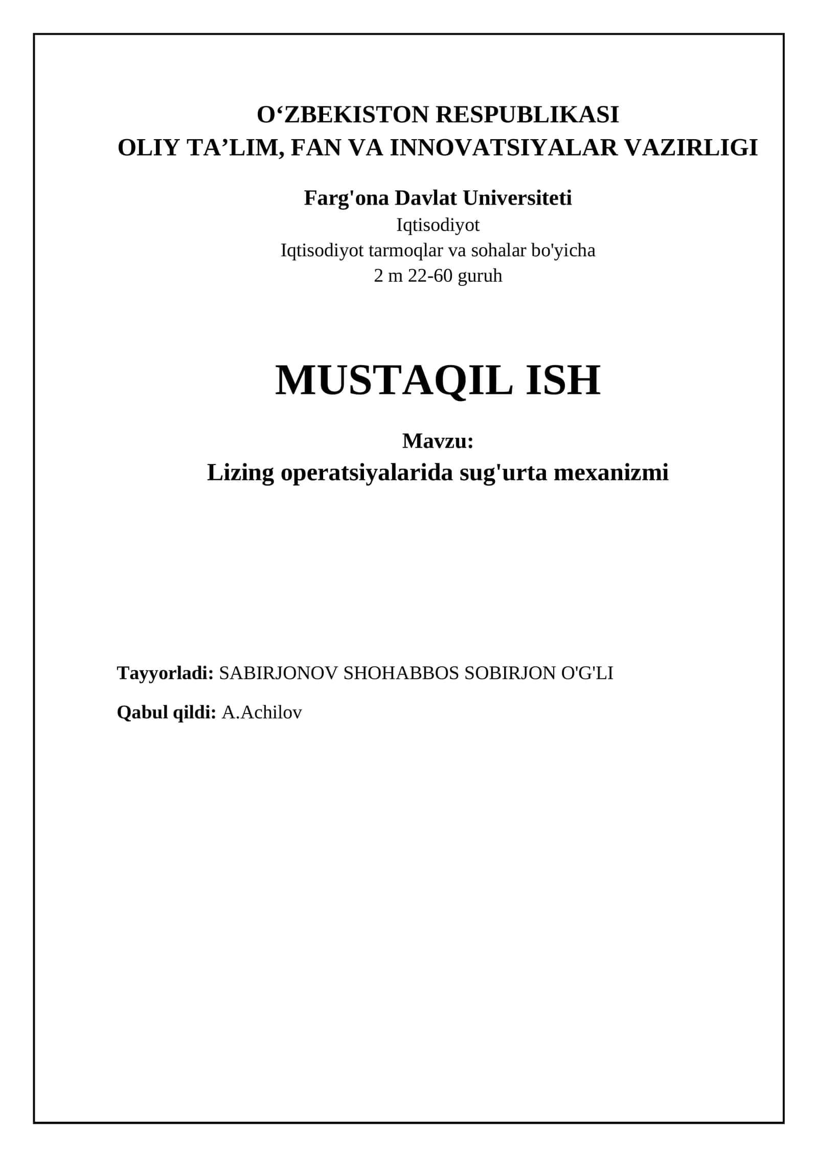 Lizing operatsiyalarida sug'urta mexanizmi 1