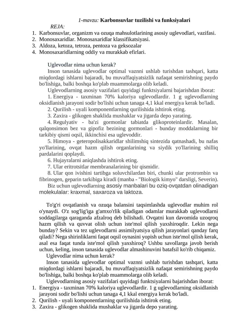 Uglevodlar tuzilishi va funksiyalari 1