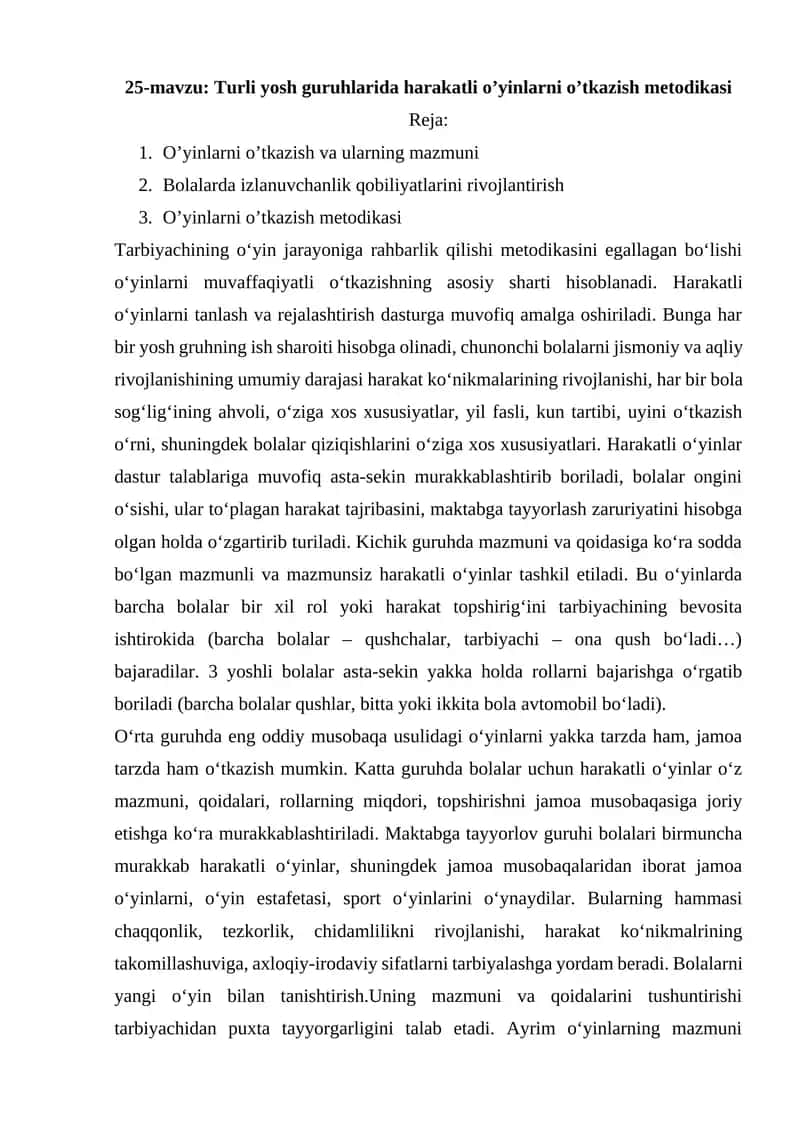 Turli yosh guruhlarida harakatli o’yinlarni o’tkazish metodikasi 1
