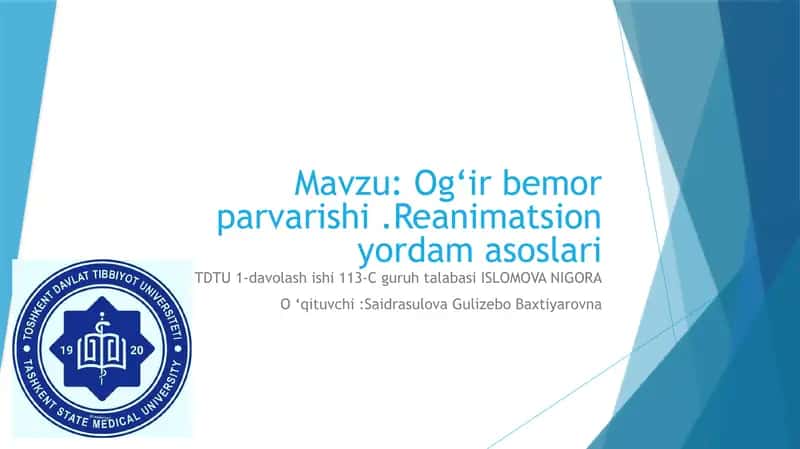 Og'ir bemor parvarishi va reanimatsion yordam asoslari 1