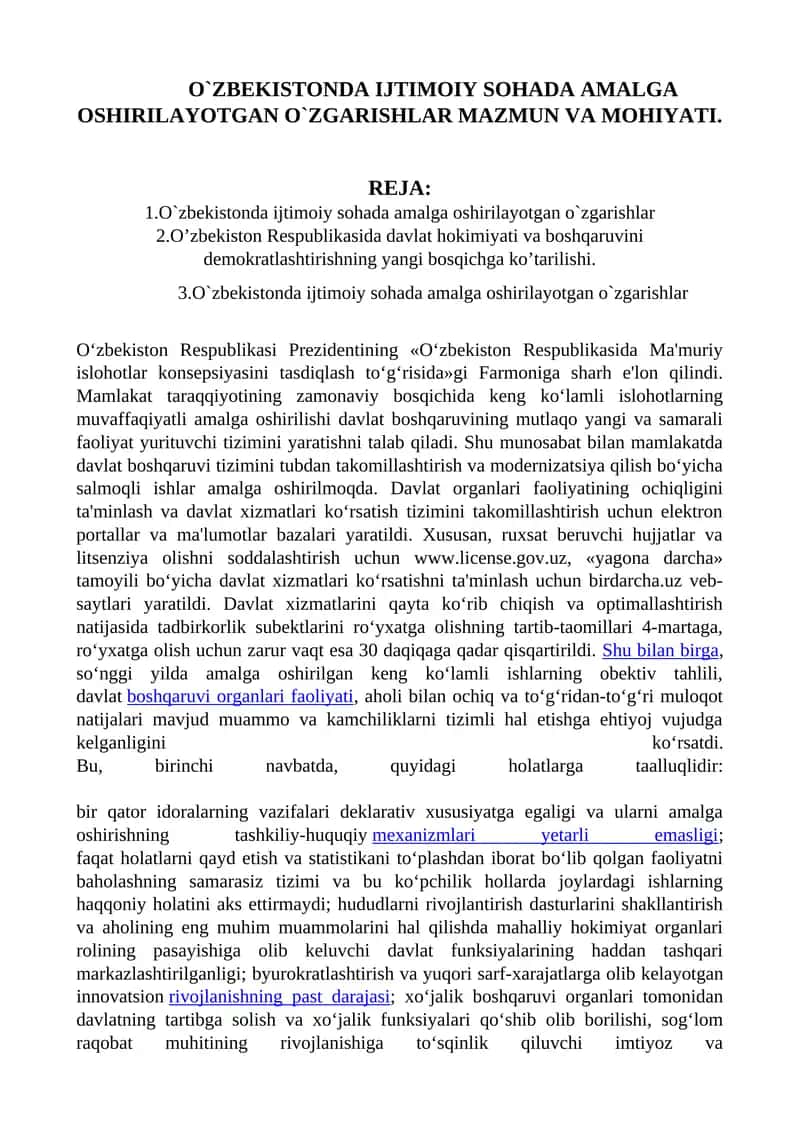 O'ZBEKISTONDA IJTIMOIY SOHADA AMALGA OSHIRILAYOTGAN O`ZGARISHLAR MAZMUN VA MOHIYATI 1