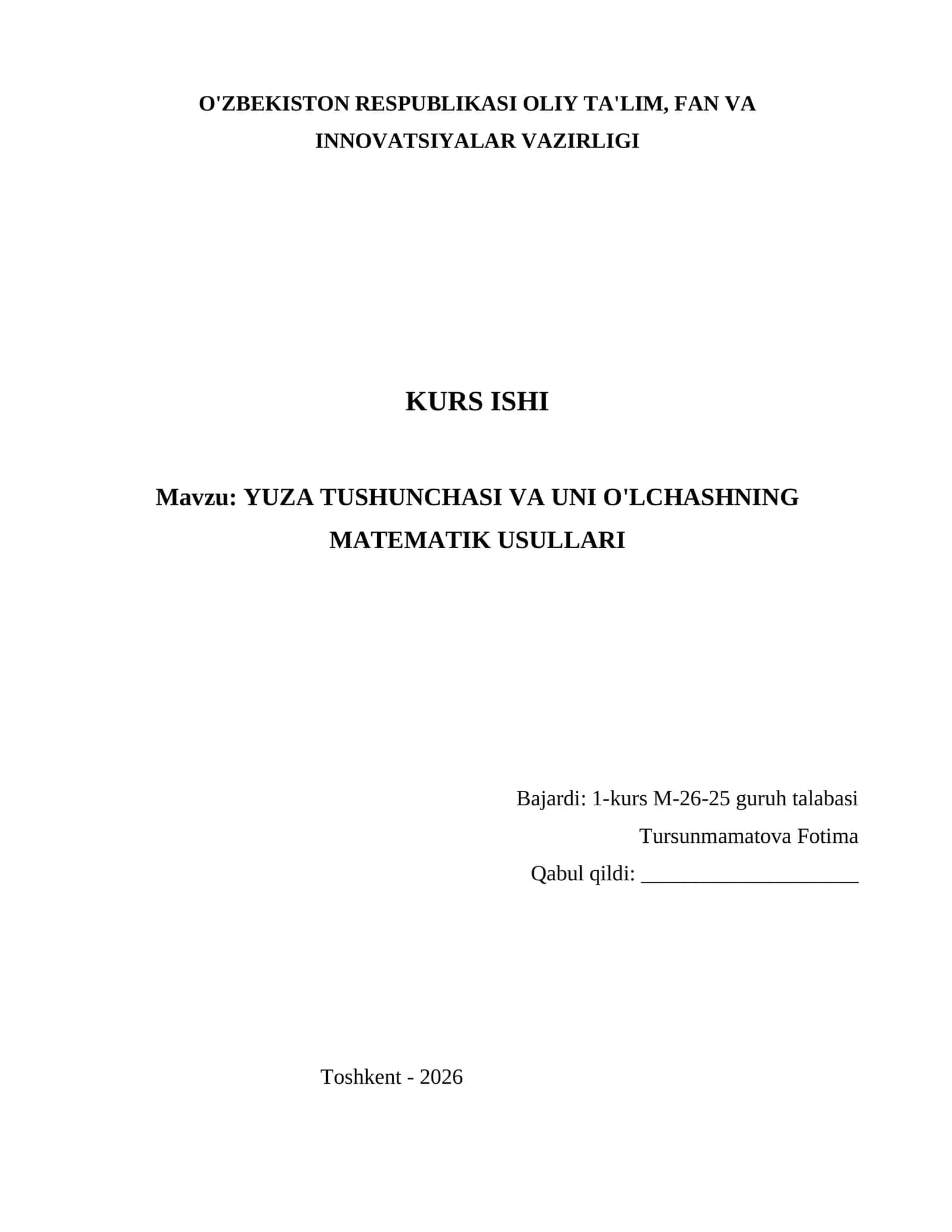 YUZA TUSHUNCHASI VA UNI O'LCHASHNING MATEMATIK USULLARI 1