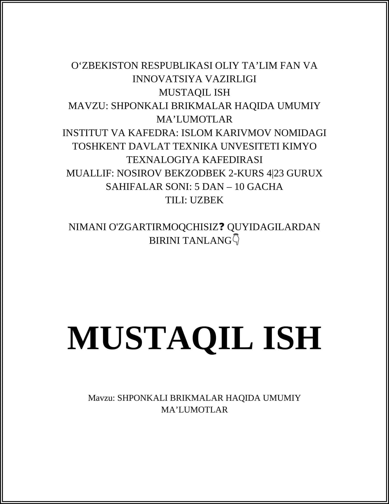 SHPONKALI BRIKMALAR HAQIDA UMUMIY MA’LUMOTLAR 1