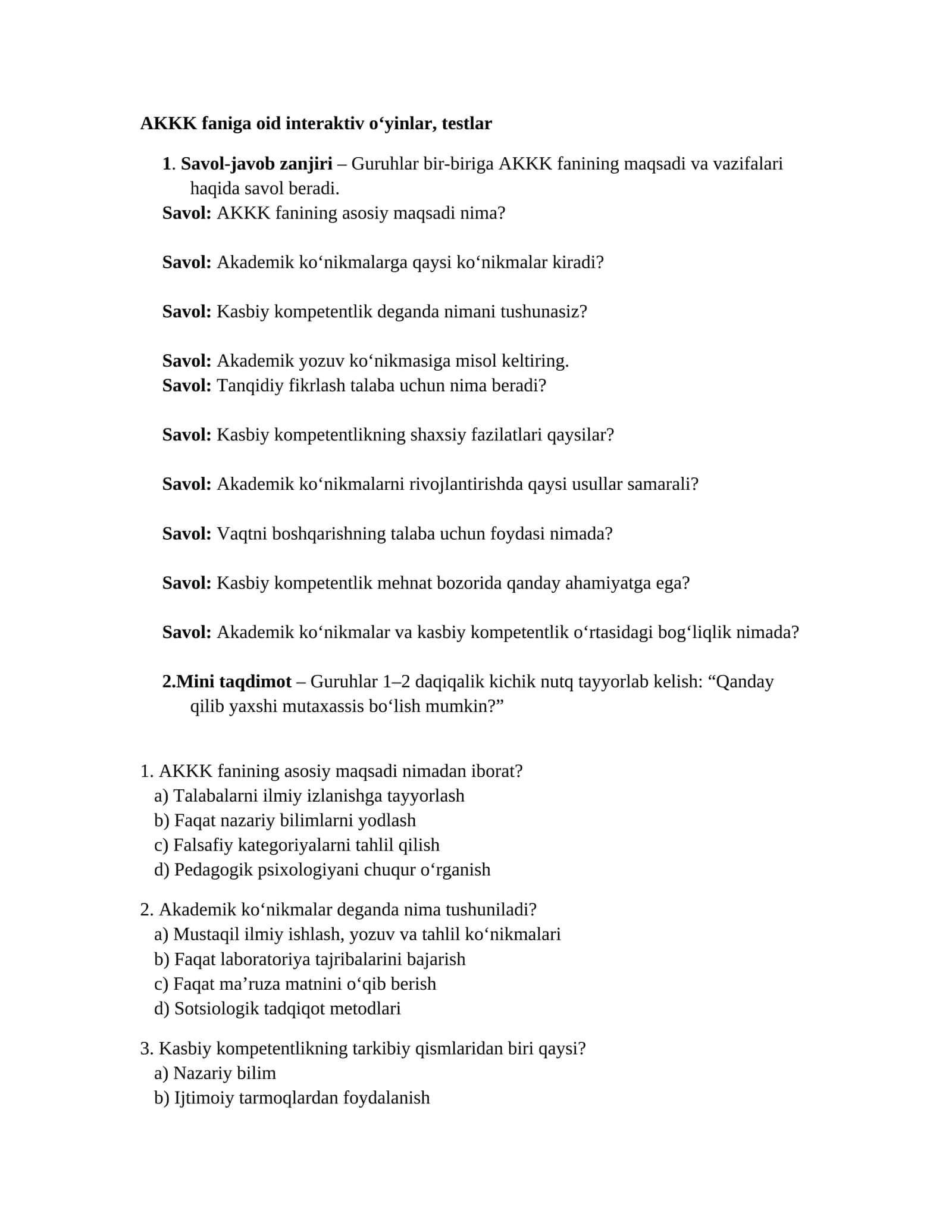 AKKK faniga oid interaktiv o‘yinlar, testlar 1