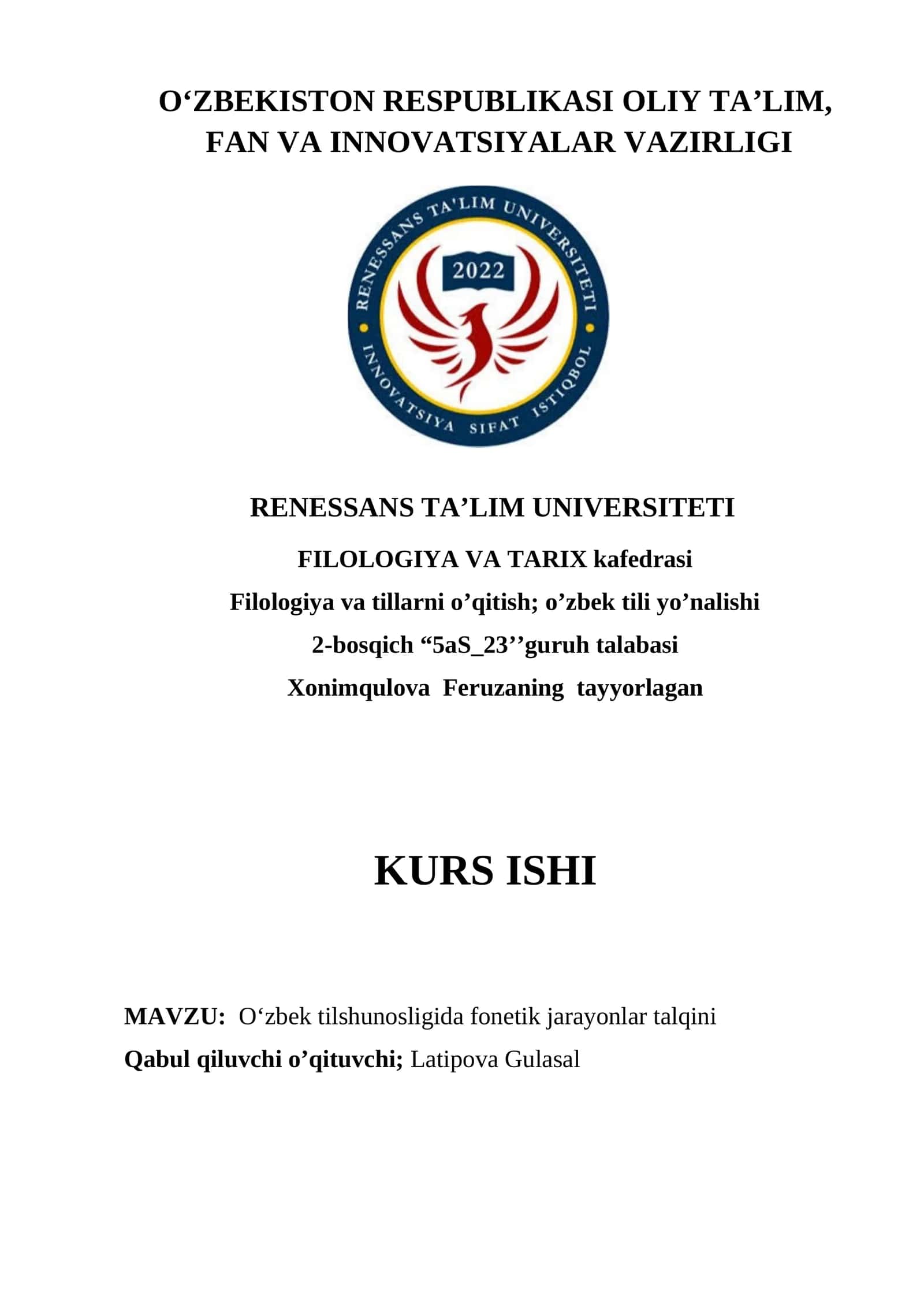 O’ZBEK TILSHUNOSLIGIDA FONETIK JARAYONLAR TALQINI 1