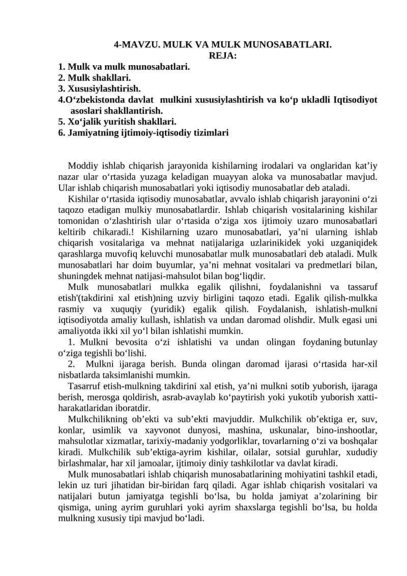 Mulk va Mulk Munosabatlari 1