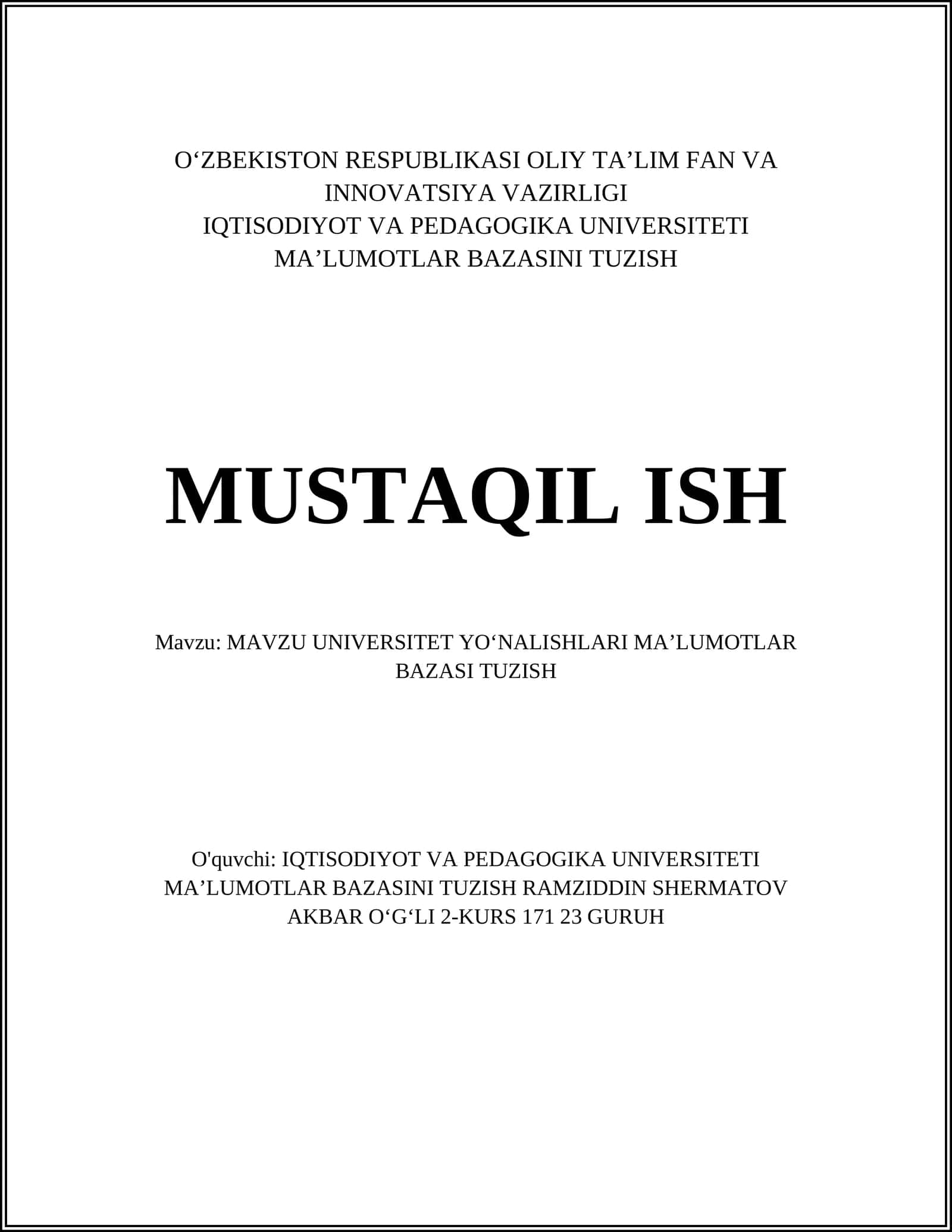 MAʼLUMOTLAR BAZASINI TUZISH 1
