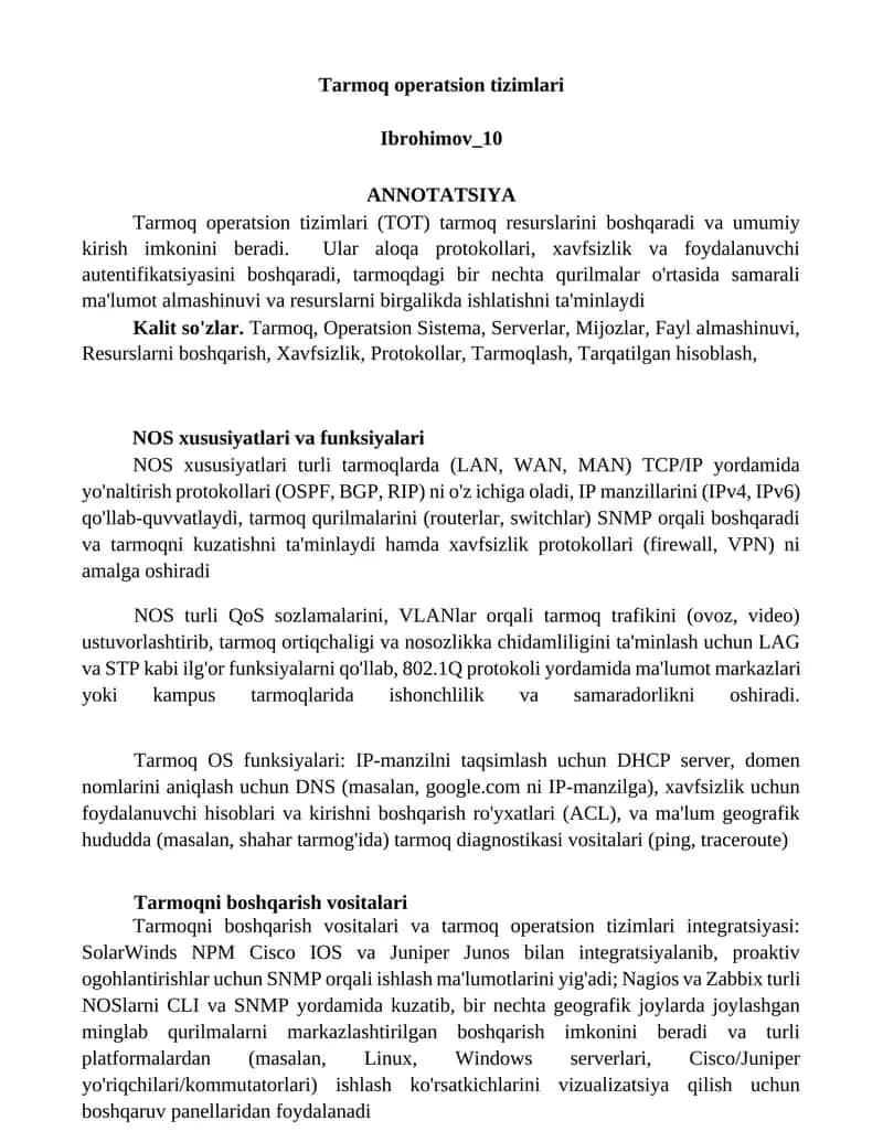 Tarmoq operatsion tizimlari (TOT) 1