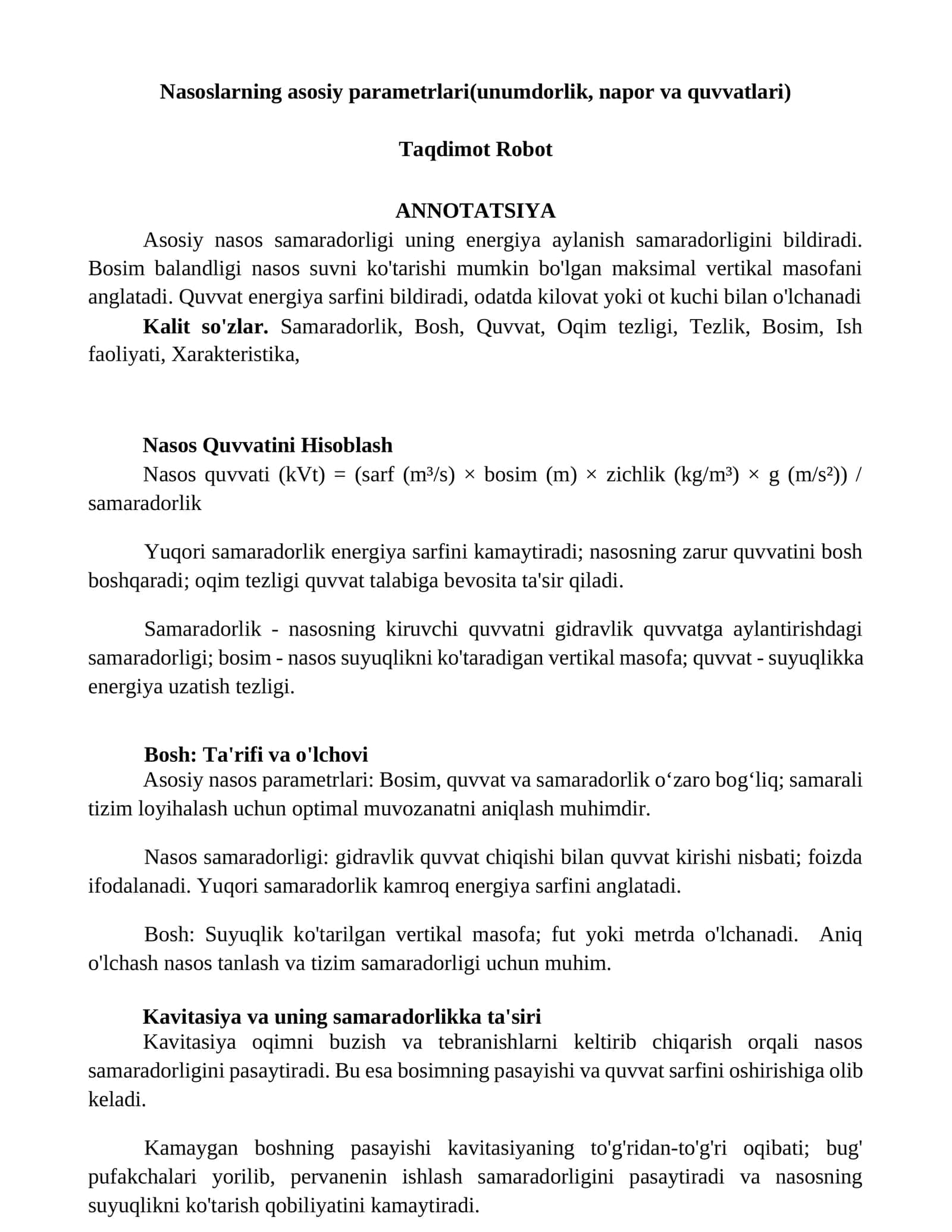 Nasos Quvvatini Hisoblash 1