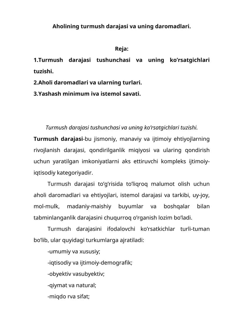 Turmush darajasi tushunchasi 1