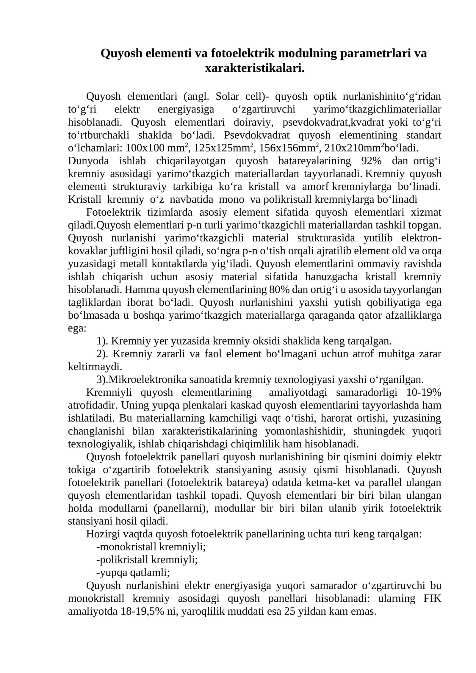 Quyosh elementi va fotoelektrik modulning parametrlari va xarakteristikalari 1
