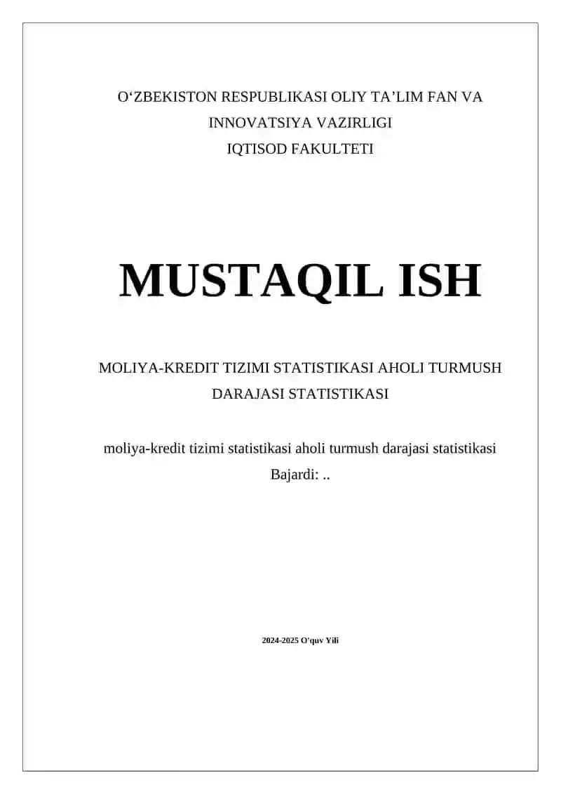 Moliya-kredit tizimi statistikasi aholi turmush darajasi statistikasi