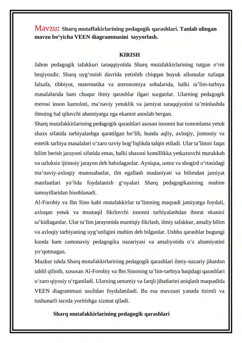 Sharq mutaffakirlarining pedagogik qarashlari