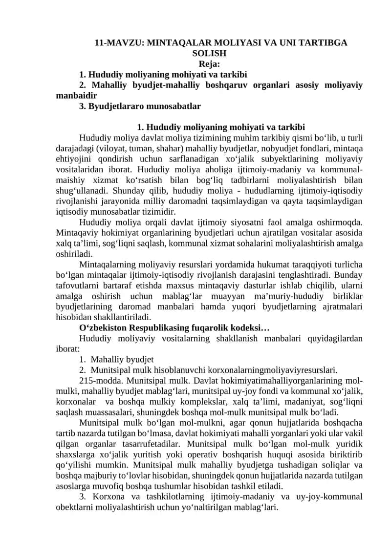 MINTAQALAR MOLIYASI VA UNI TARTIBGA SOLISH 1