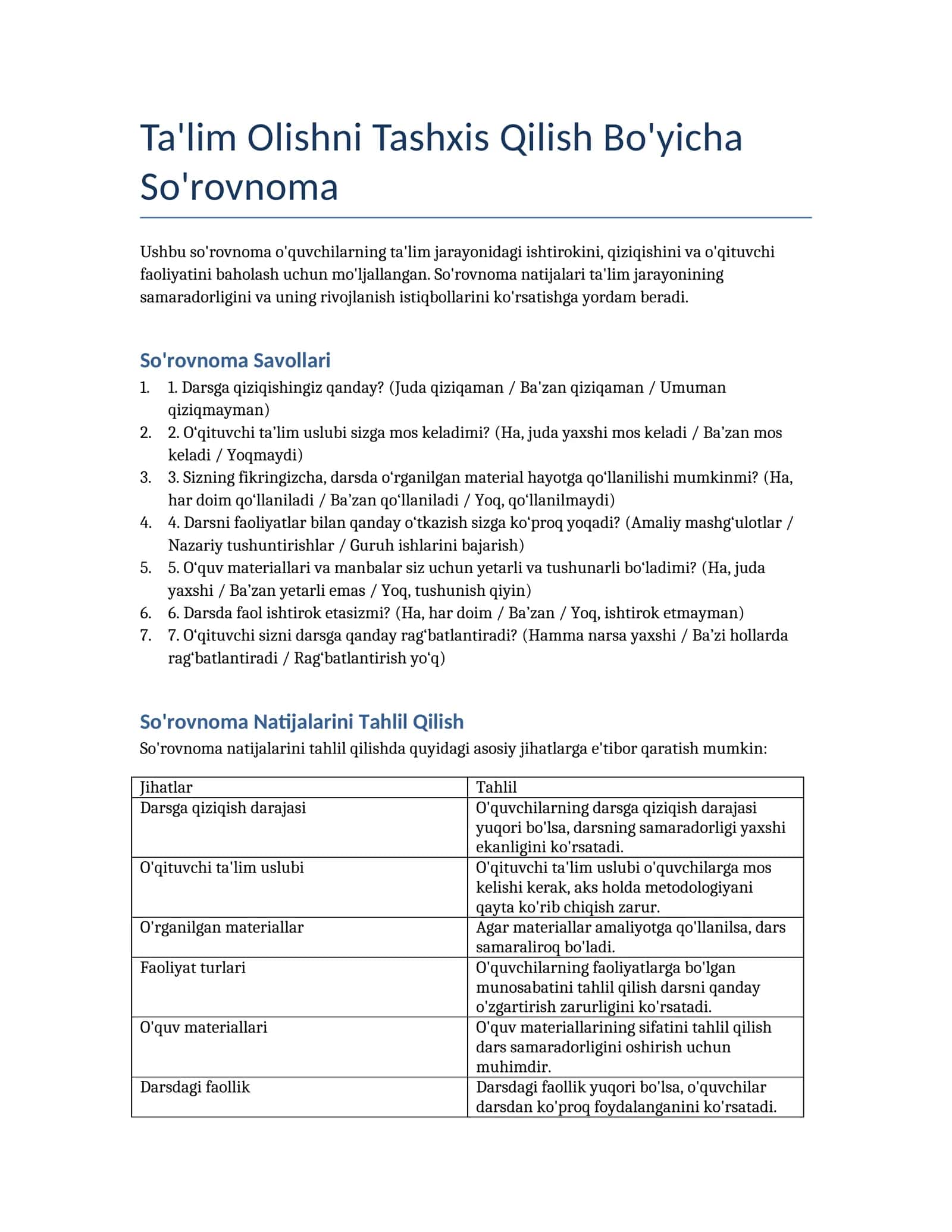 Ta'lim Olishni Tashxis Qilish Bo'yicha So'rovnoma 1