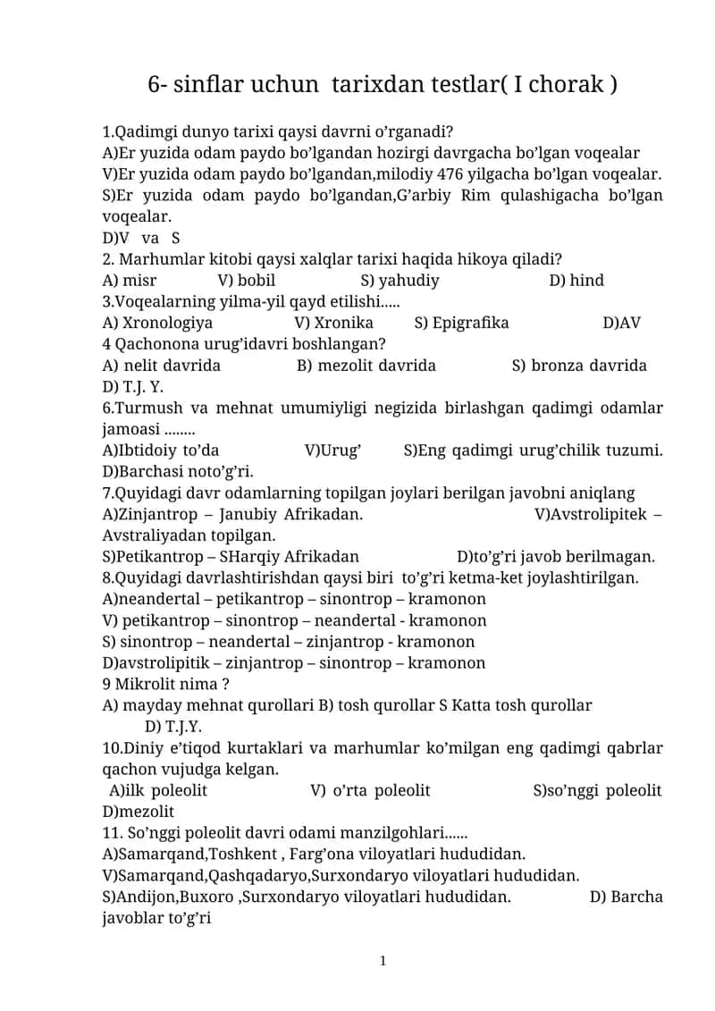 6- sinflar uchun tarixdan testlar( I chorak ) 1