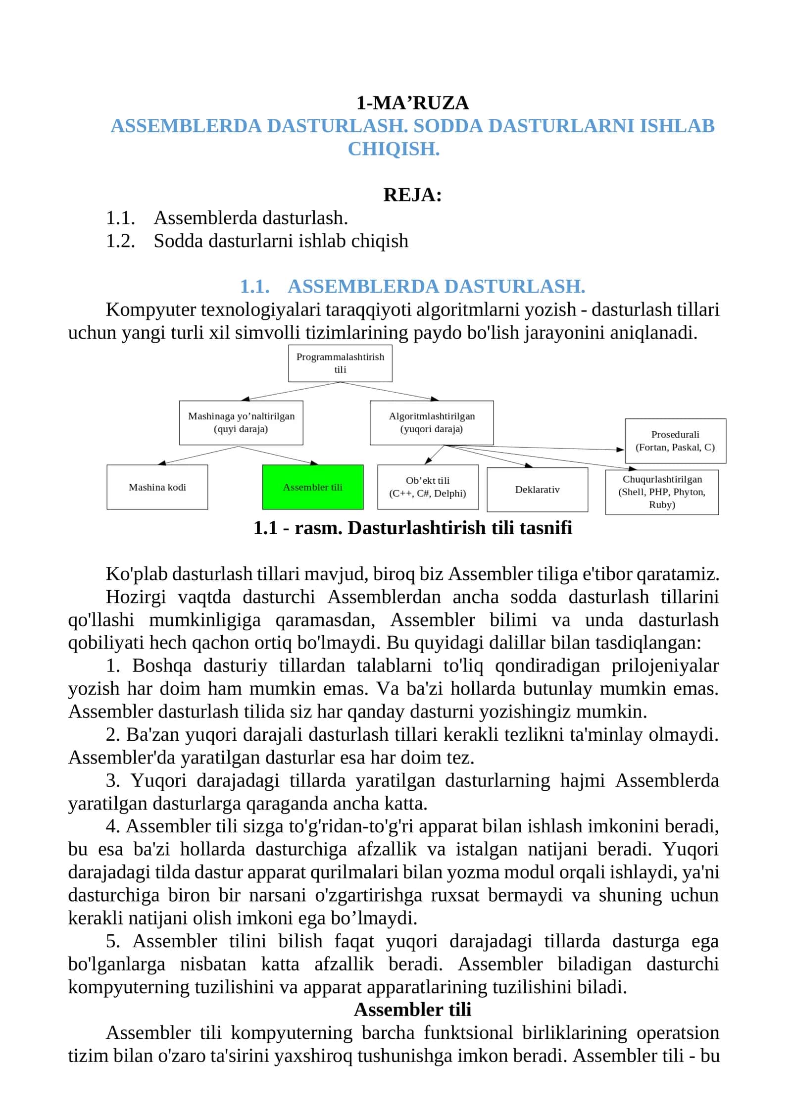 ASSEMBLERDA DASTURLASH. SODDA DASTURLARNI ISHLAB CHIQISH 1
