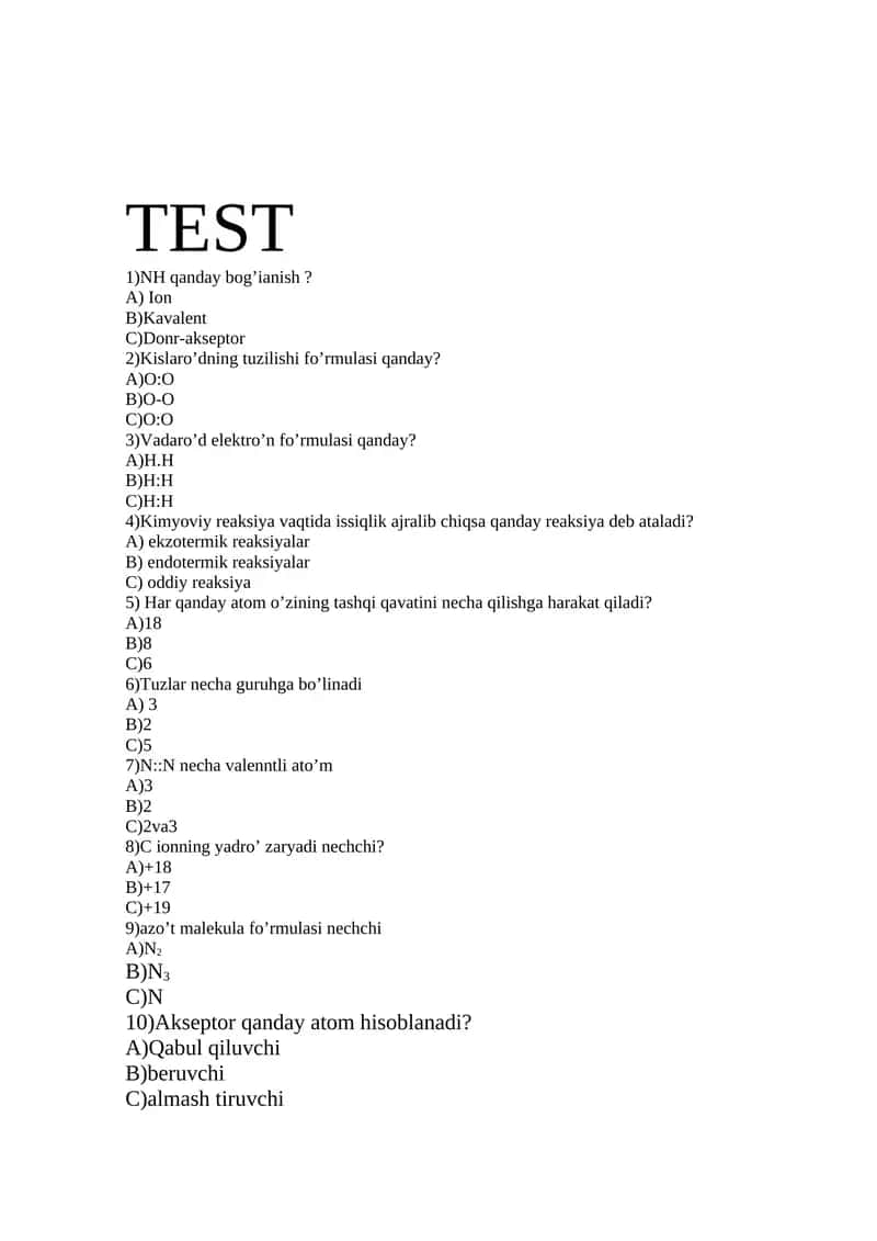 Kimyo test savollari 1
