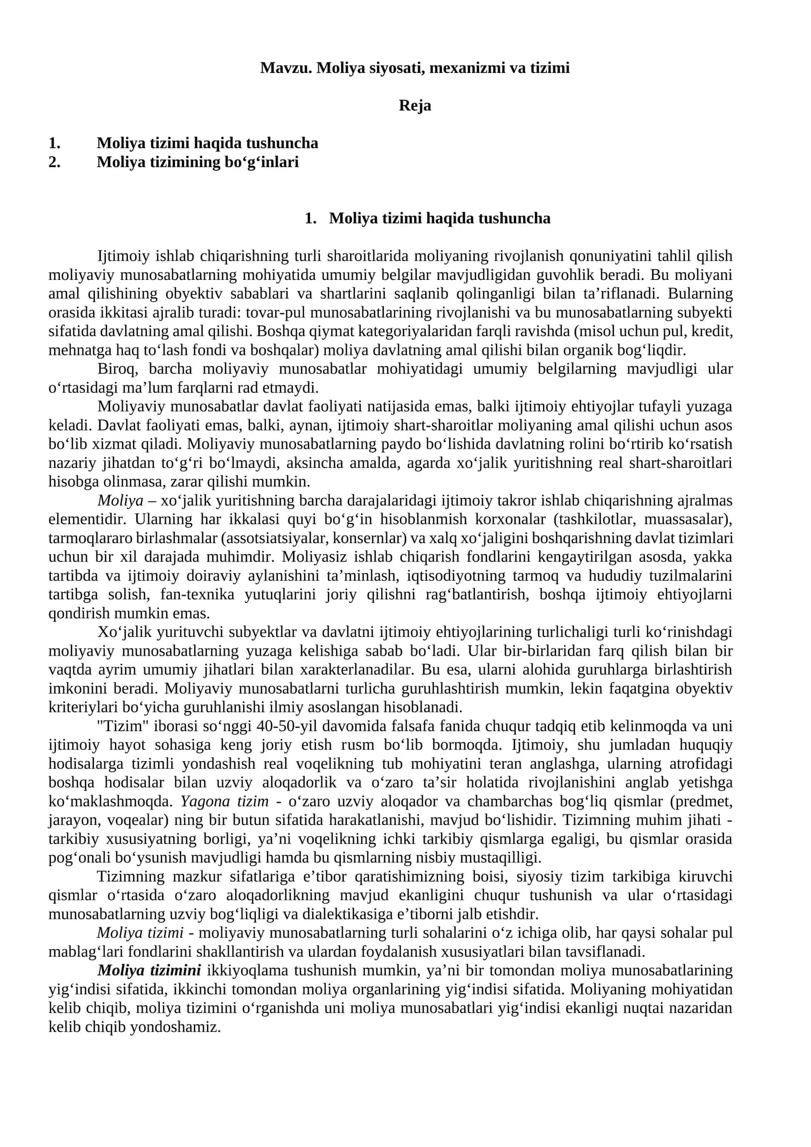 Moliya siyosati, mexanizmi va tizimi 1