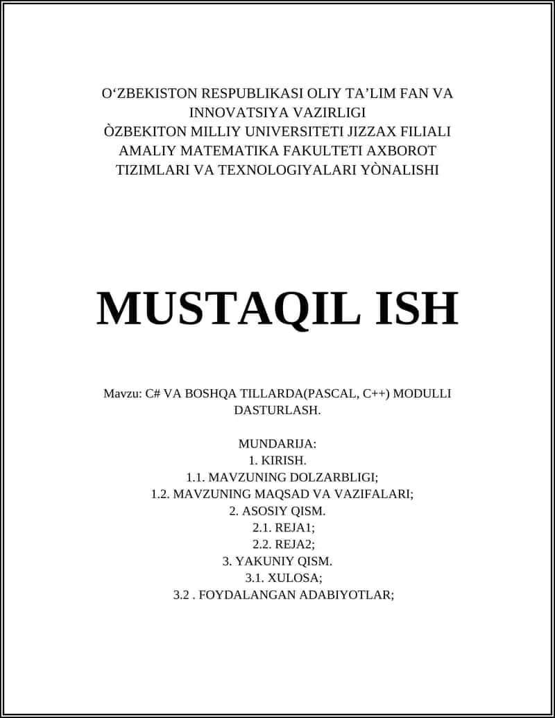Modulli Dasturlashga Kirish (C#, Pascal, C++) 1