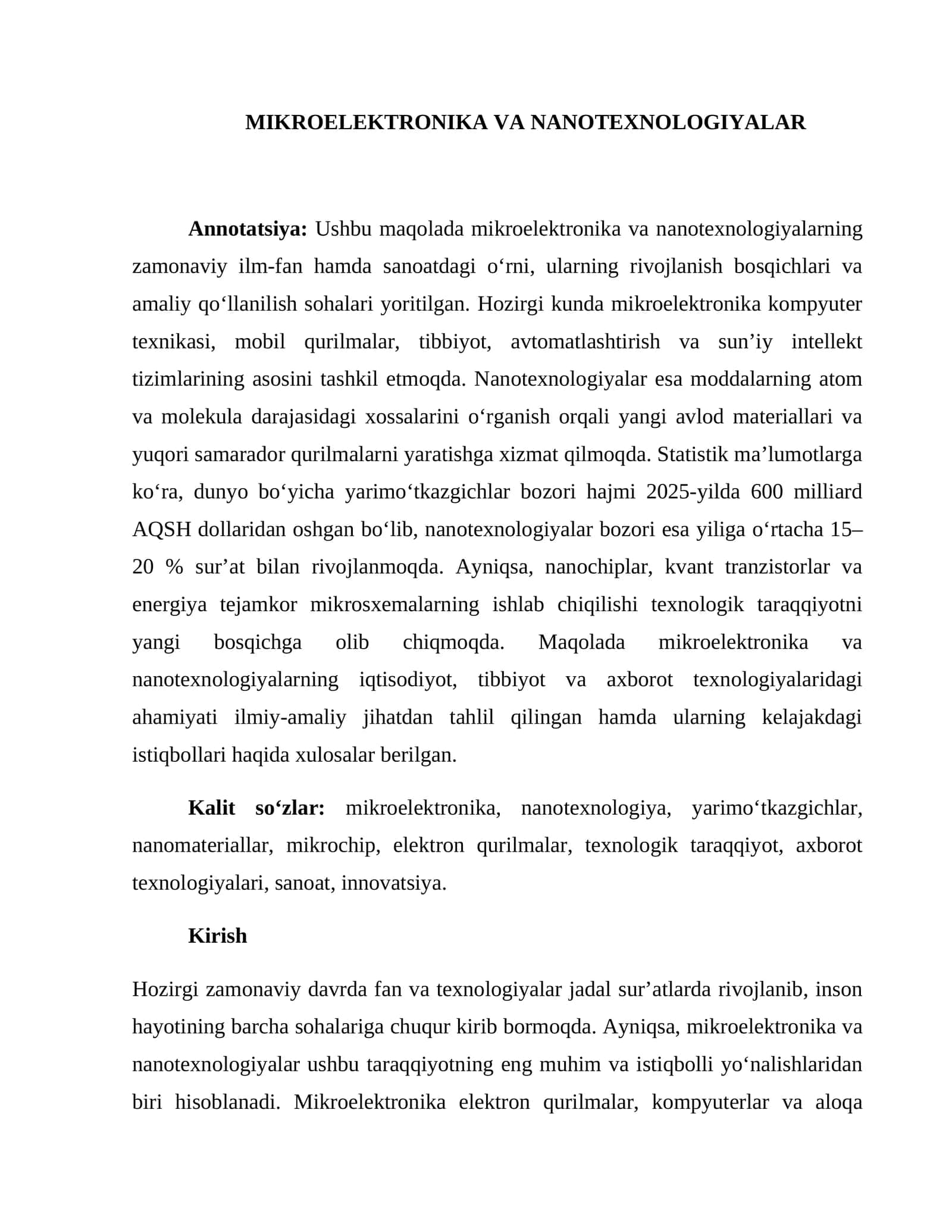 MIKROELEKTRONIKA VA NANOTEXNOLOGIYALAR 1