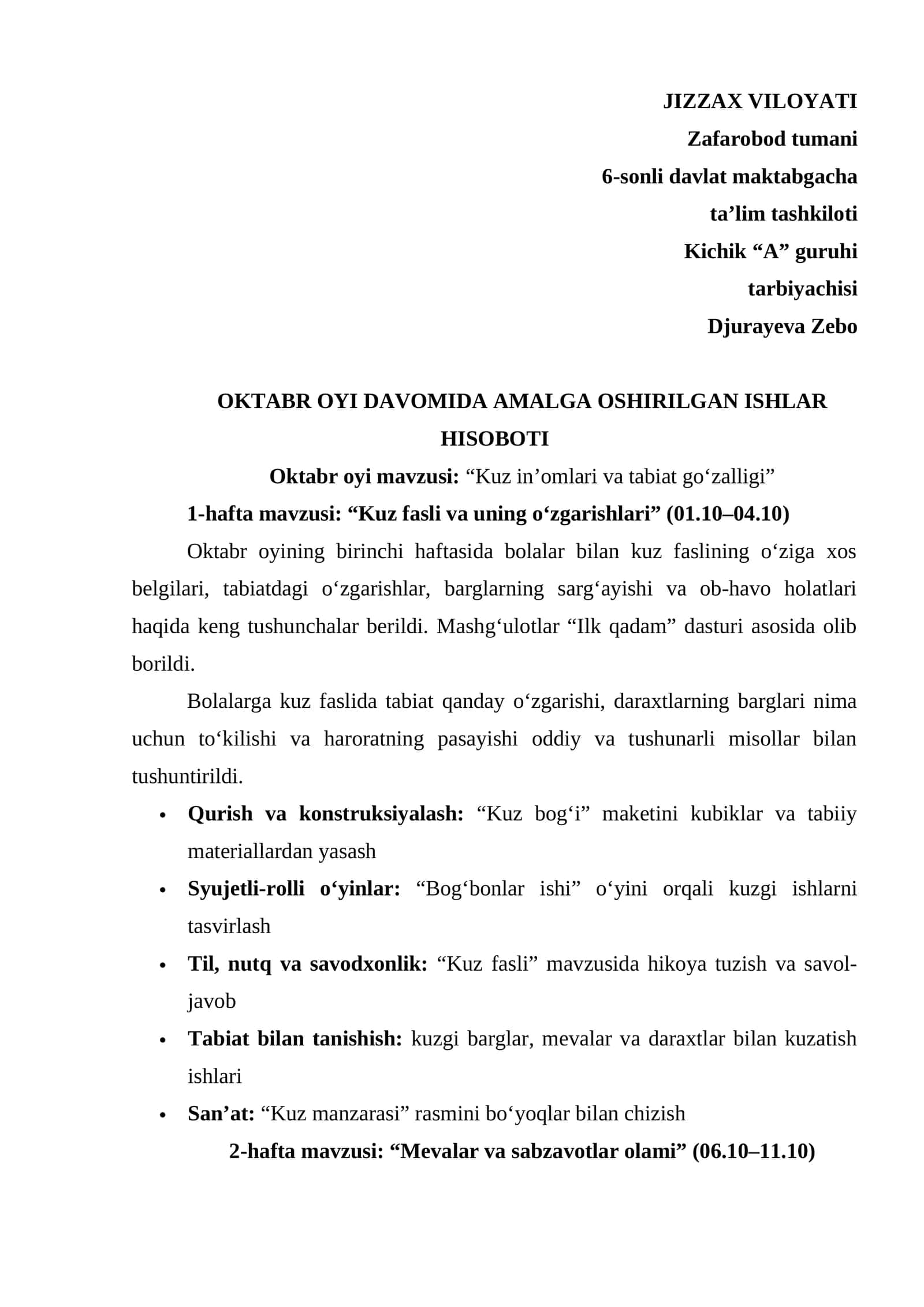Maktabgacha ta'lim tarbiyachisi uchun Oktabr hisoboti 1