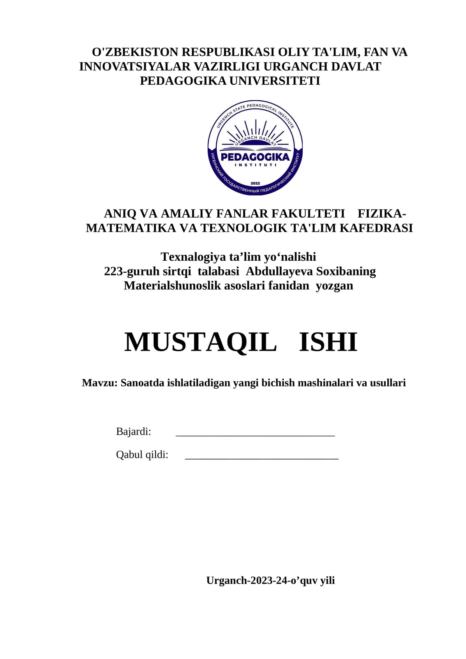 Materialshunoslik asoslari fanidan yozgan 1