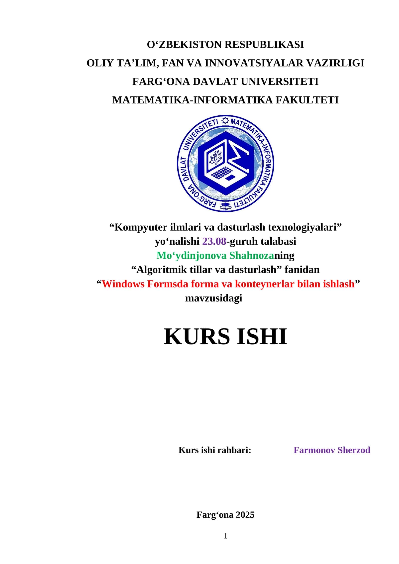Windows Formsda forma va konteynerlar bilan ishlash 1