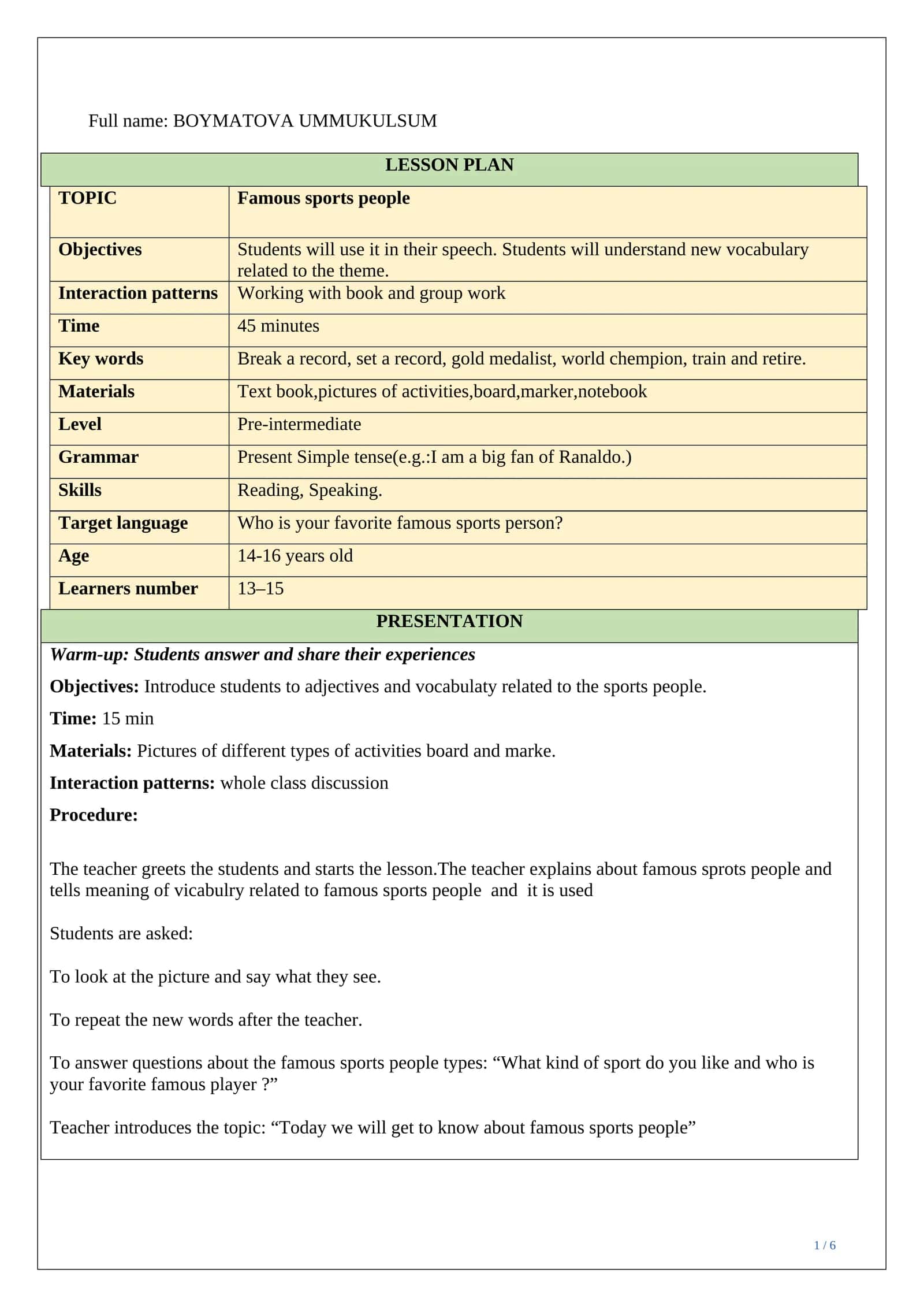 Lesson plan ESP Famous sports people 1