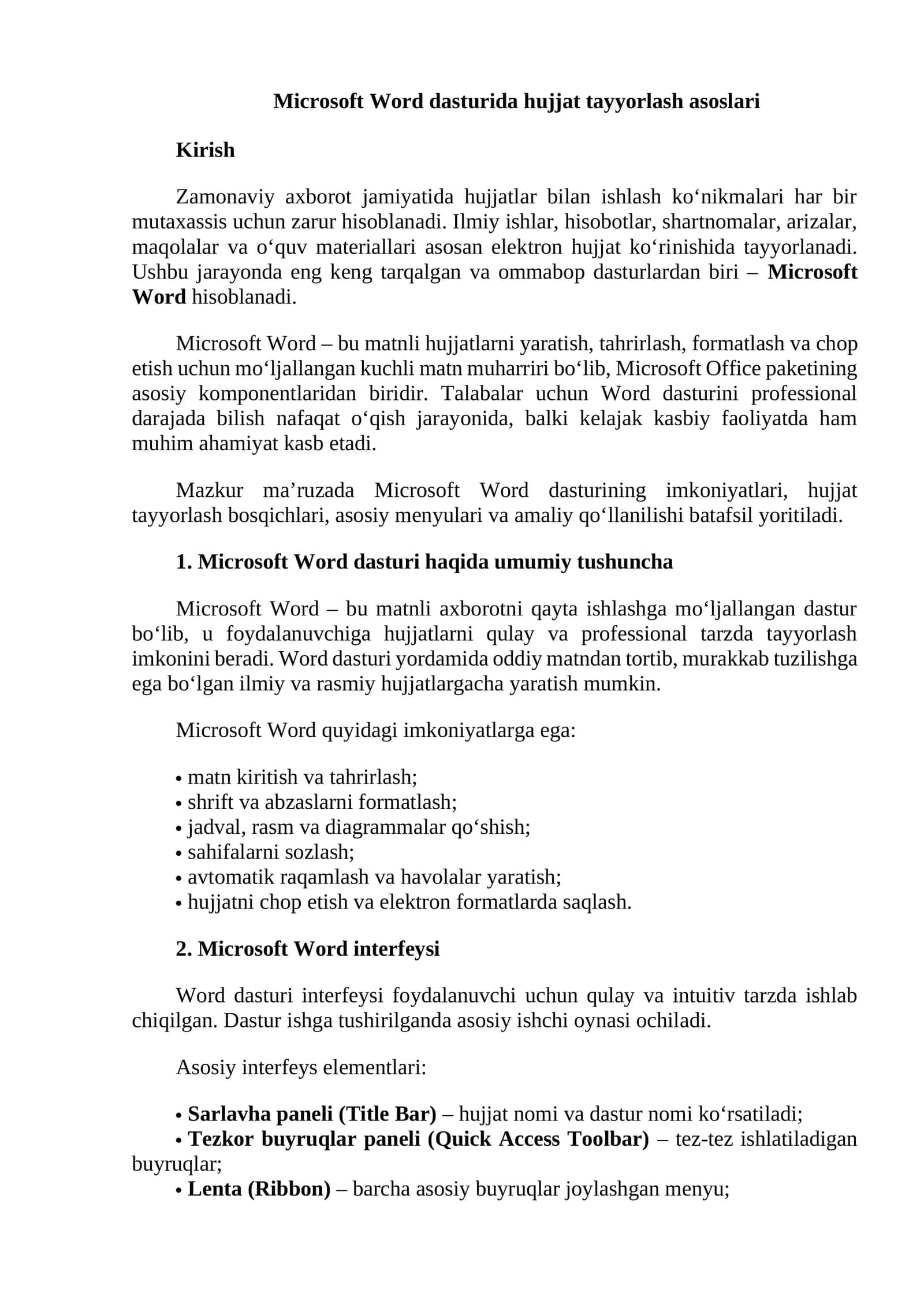 Microsoft Word dasturida hujjat tayyorlash asoslari 1