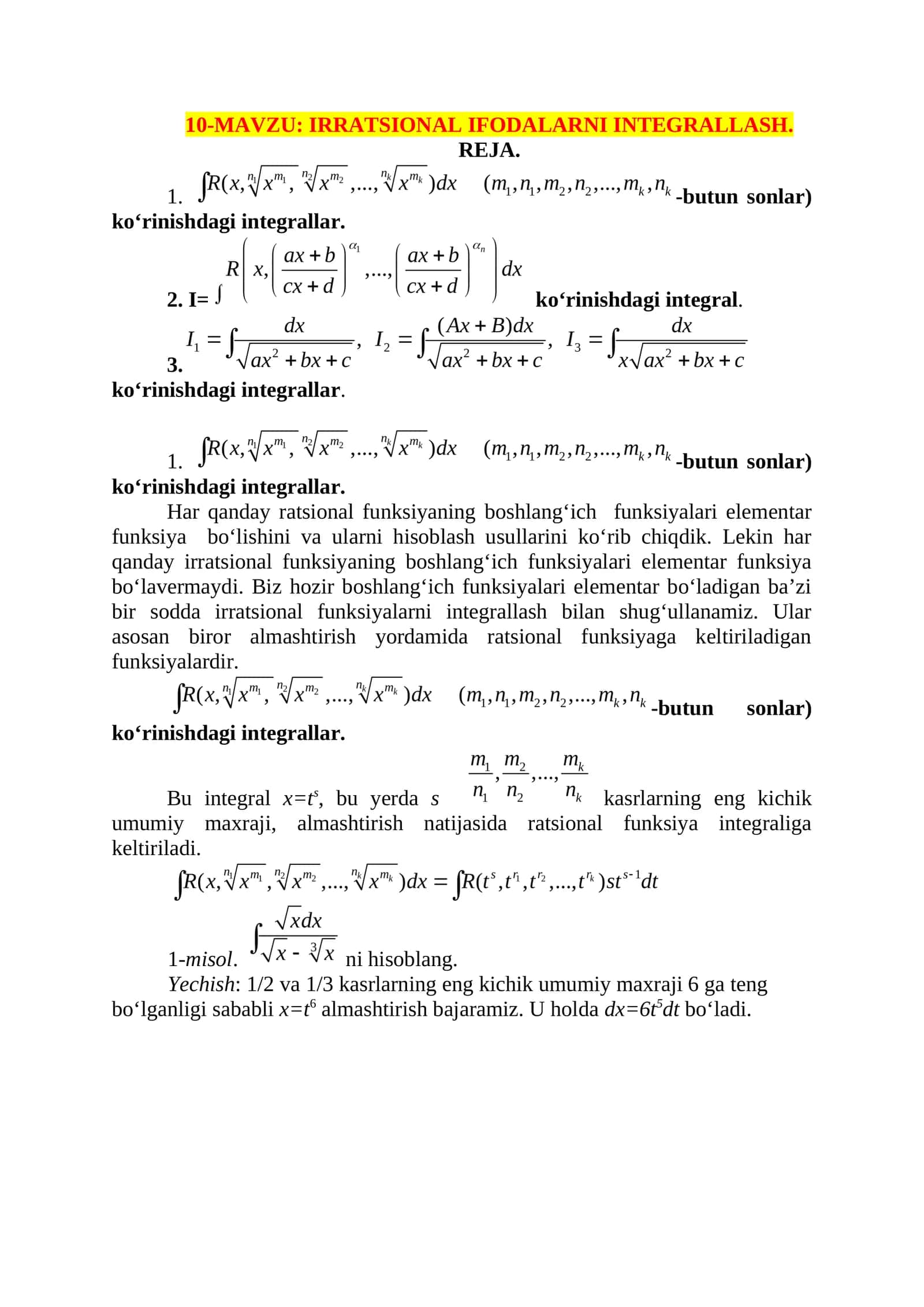 IRRATSIONAL IFODALARNI INTEGRALLASH 1