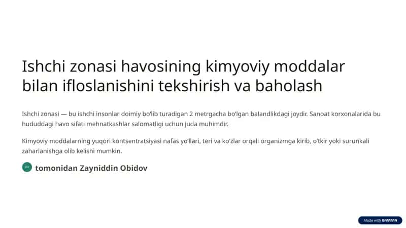 Ishchi zonasi havosining kimyoviy moddalar bilan ifloslanishini tekshirish va baholash 1