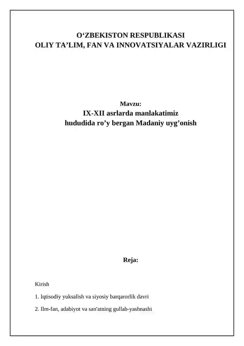 IX-XII asrlarda manlakatimiz hududida ro’y bergan Madaniy uyg’onish