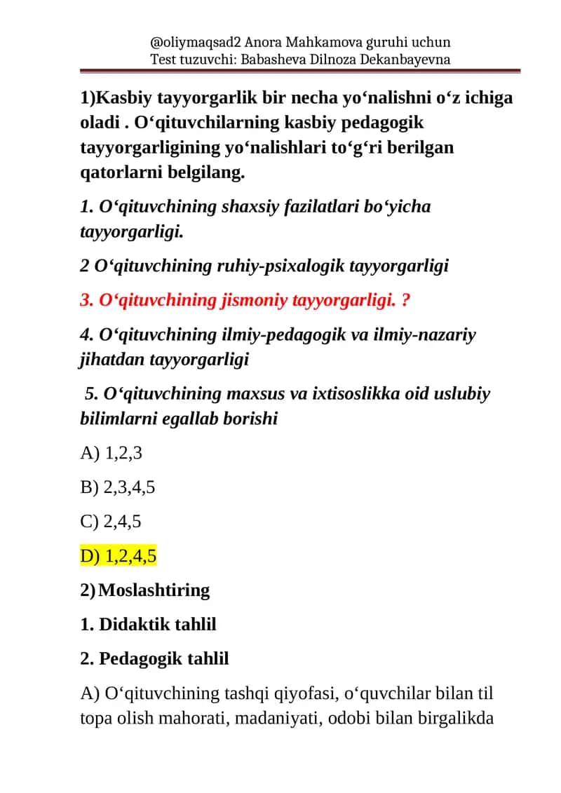 Test tuzuvchi: Babasheva Dilnoza Dekanbayevna 1