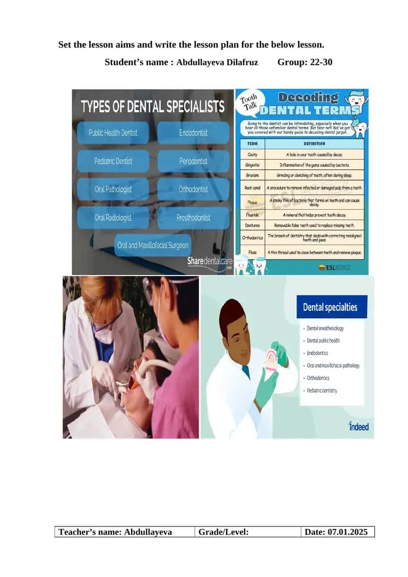 Dental Specialties and Terminology Lesson Plan 1