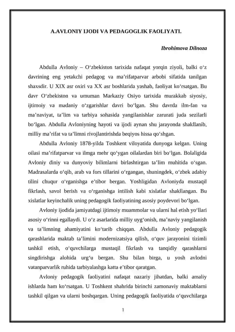 Abdullah Avloniy Ijodi va Pedagoglik Faoliyati