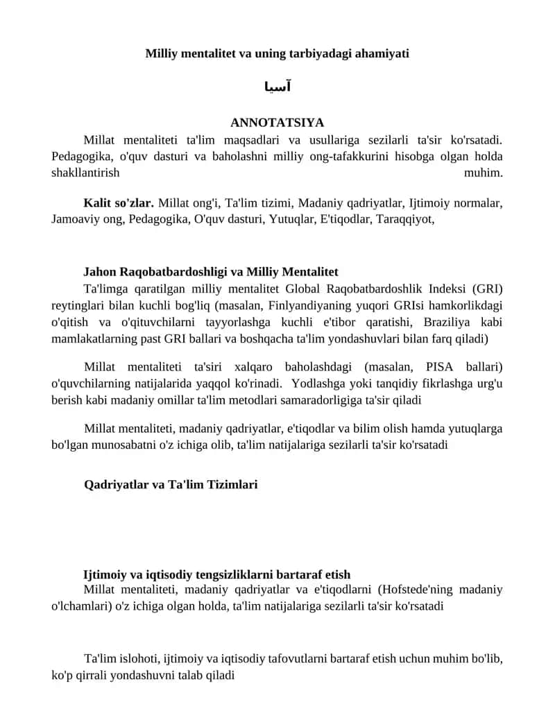 Milliy mentalitet va uning tarbiyadagi ahamiyati 1