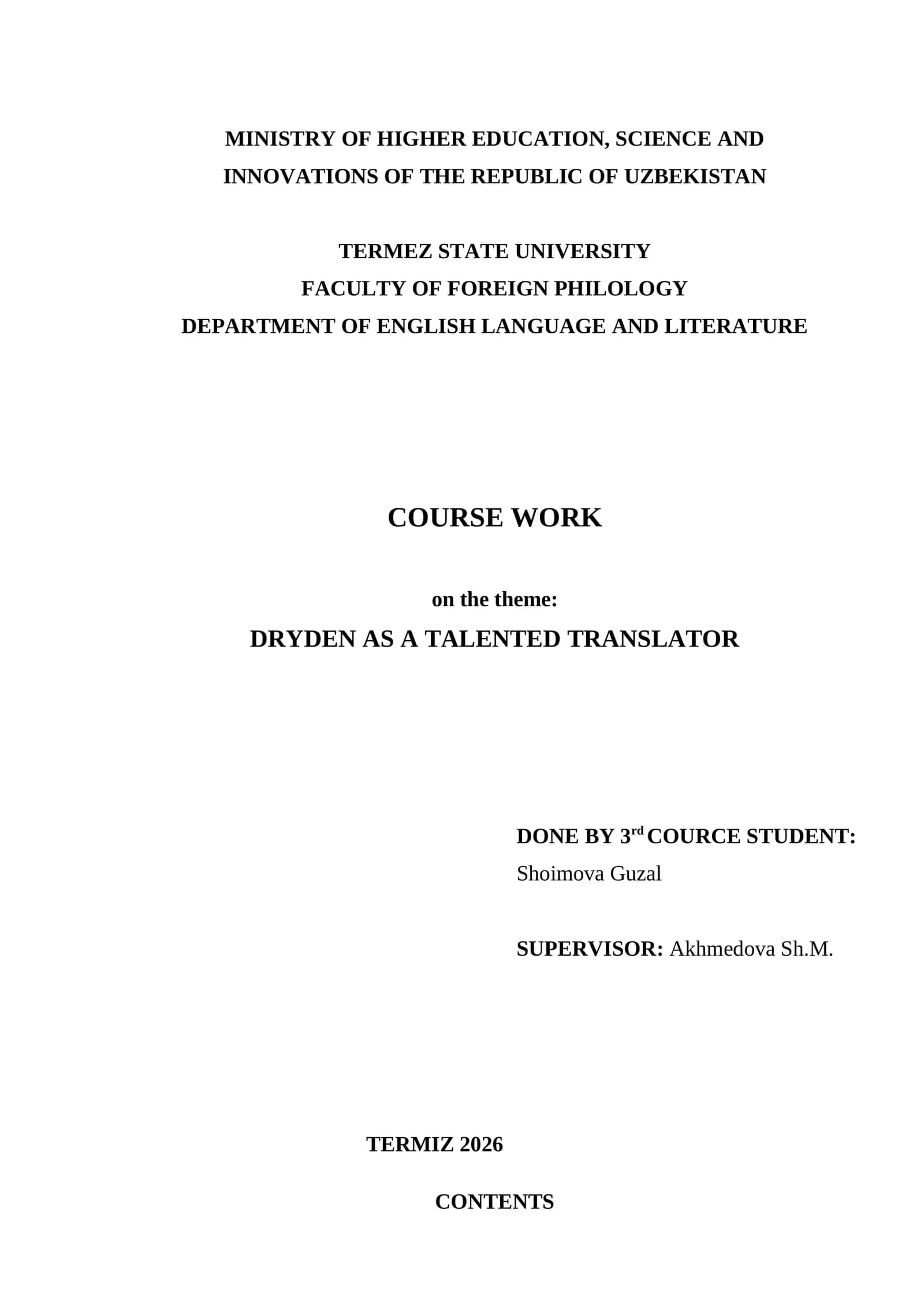 COURSE WORK on the theme: DRYDEN AS A TALENTED TRANSLATOR 1